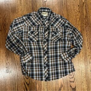 Wrangler Long Sleeved Shirt Mens Large Brown Plaid Western Cowboy Pearl Snap